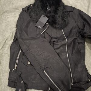 Black Faux Leather Jacket with Removable Fur Collar